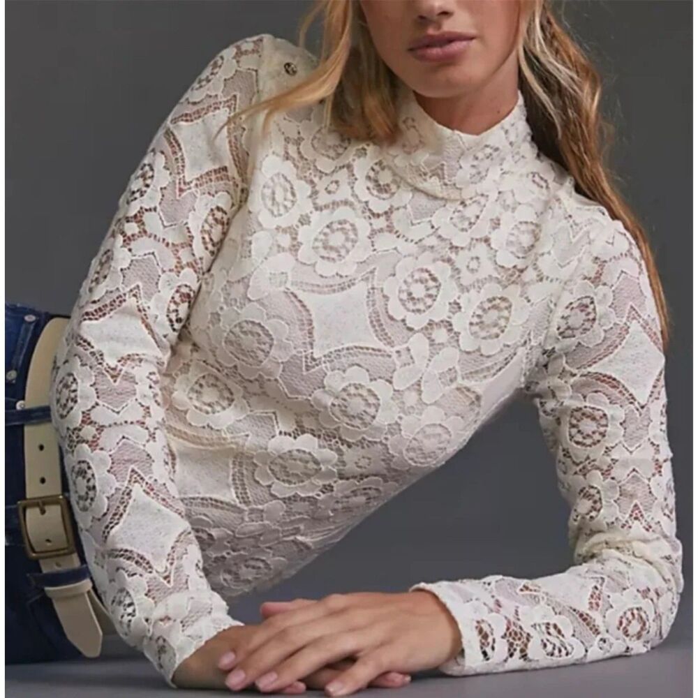 Maeve by Anthropologie Ivory Lace Long Sleeve Top Size M Mock Neck Button Back